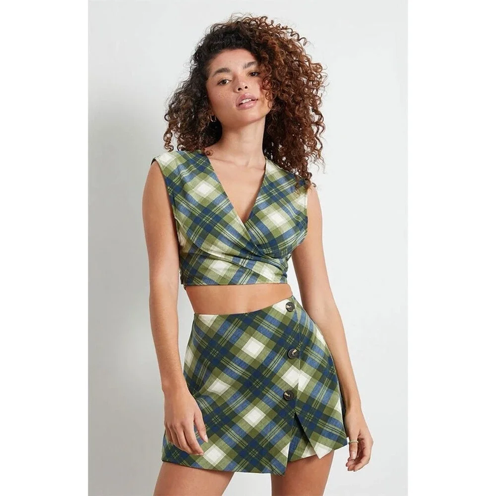 WeWoreWhat 3 Piece Suit Set Size L Cropped Blazer Skort Wrap Top Green Plaid